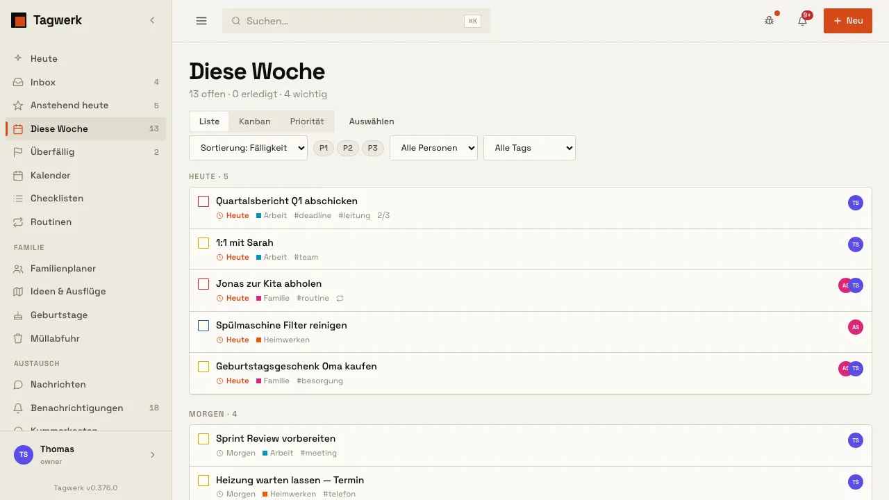 Aufgabenliste „Diese Woche“, nach Fälligkeit gruppiert