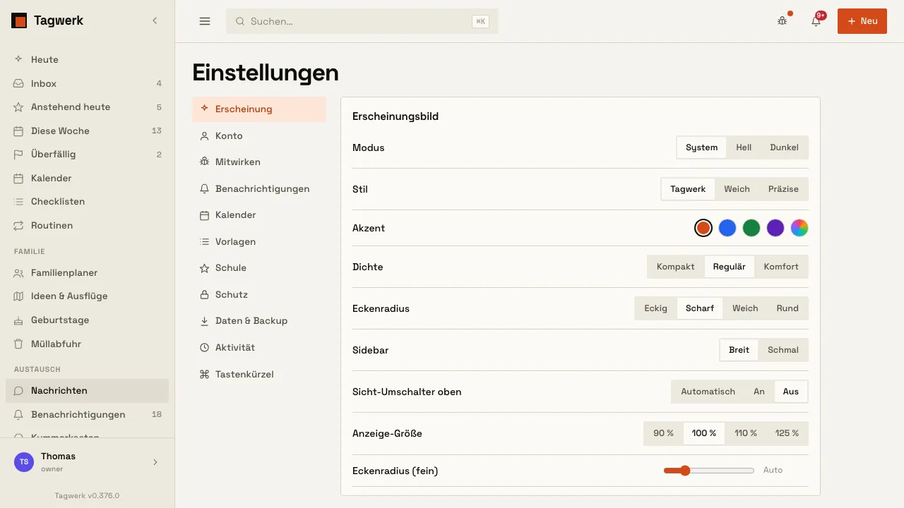 Einstellungen mit den Bereichen und der Erscheinungsbild-Anpassung