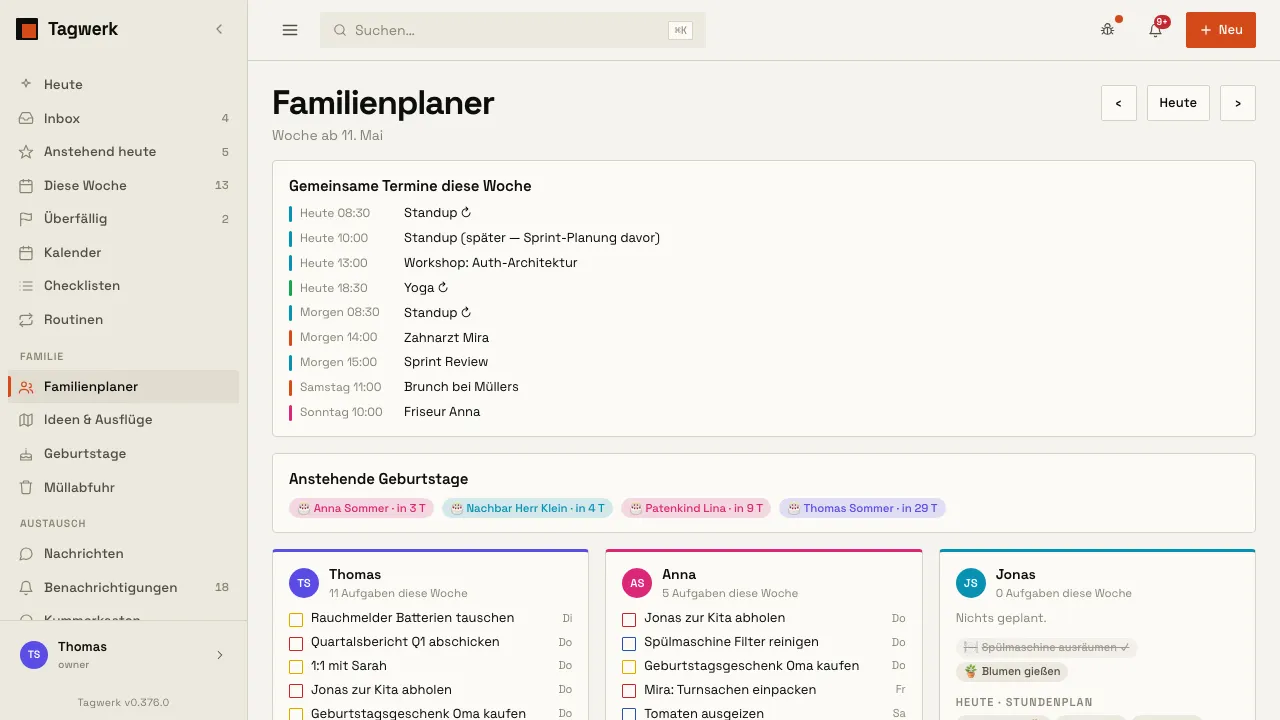 Familienplaner: gemeinsame Termine, Geburtstage und eine Karte je Person