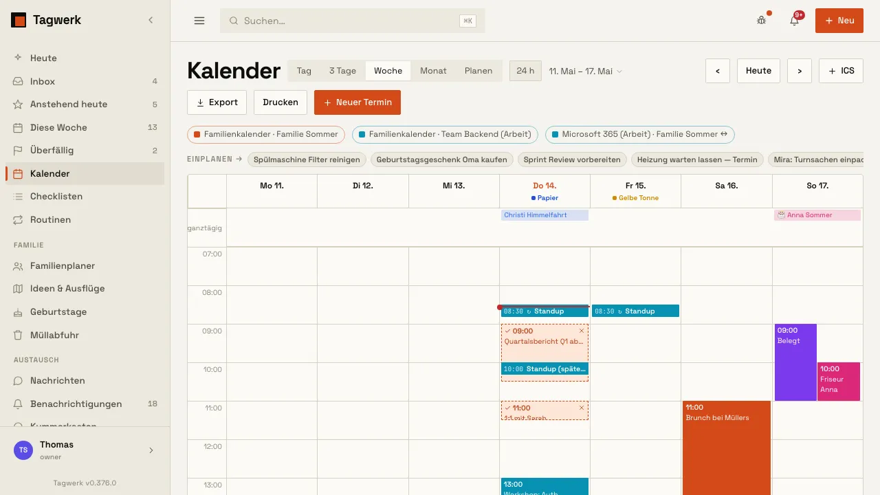 Kalender in der Wochenansicht mit farbigen Terminen pro Person