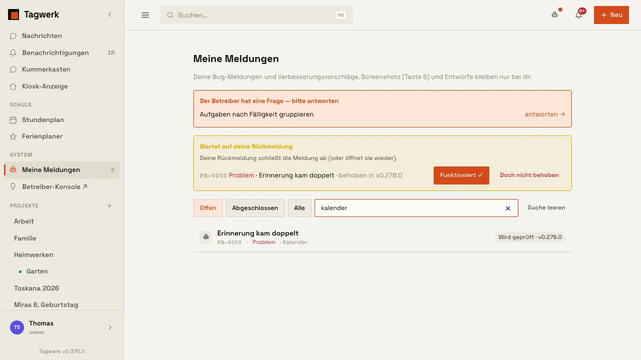 Meine Meldungen mit Suchfeld