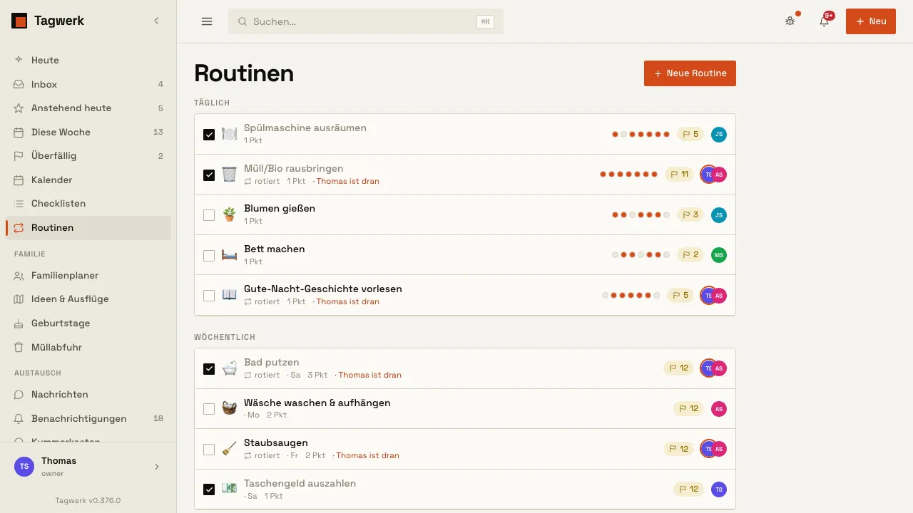 Routinen-Ansicht, nach Takt gruppiert, mit Punkten und Streak