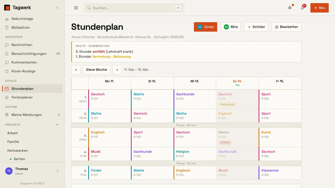 Stundenplan eines Kindes mit Fächern, Ausfall und Vertretung